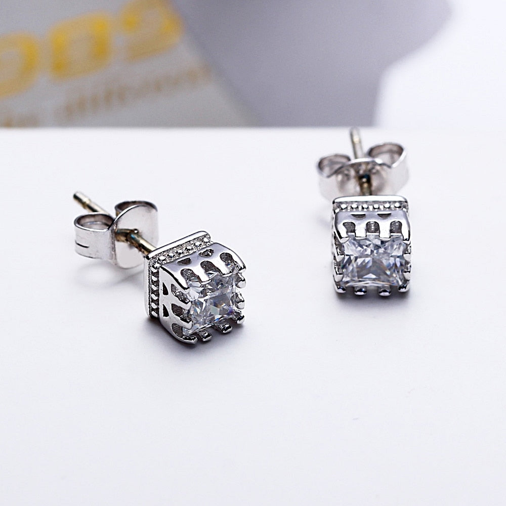 925 Sterling Silver Square Crown Style Stud Earrings