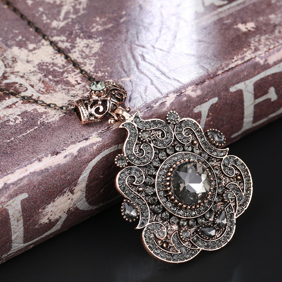 Antique Gold Gray Crystal Necklace