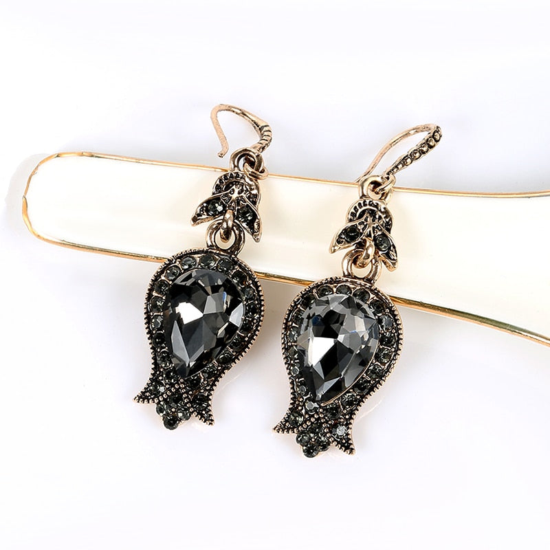 Antique Gold Gray Big Crystal Earrings
