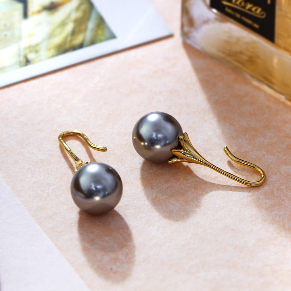 Elegant Grey Gold Pearl Hook Earrings